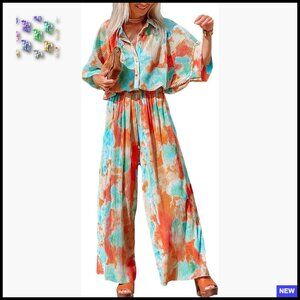Boho Jumpsuit V-Neck Button Belted Wide Leg Loose Fit Casual Romper Polyester
